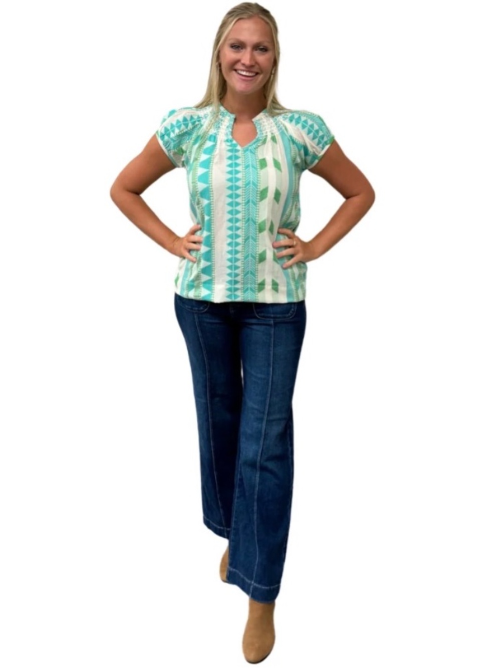 LIZA BYRD Michelle Smock Neck Short Sleeve Top in Turquoise/Cream Jacquard, NWT